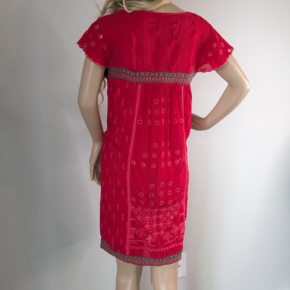 Johnny Was Dress Women's Small Red Eyelet Embroidered Scalloped V-Neck Babydoll - Picture 4 of 16